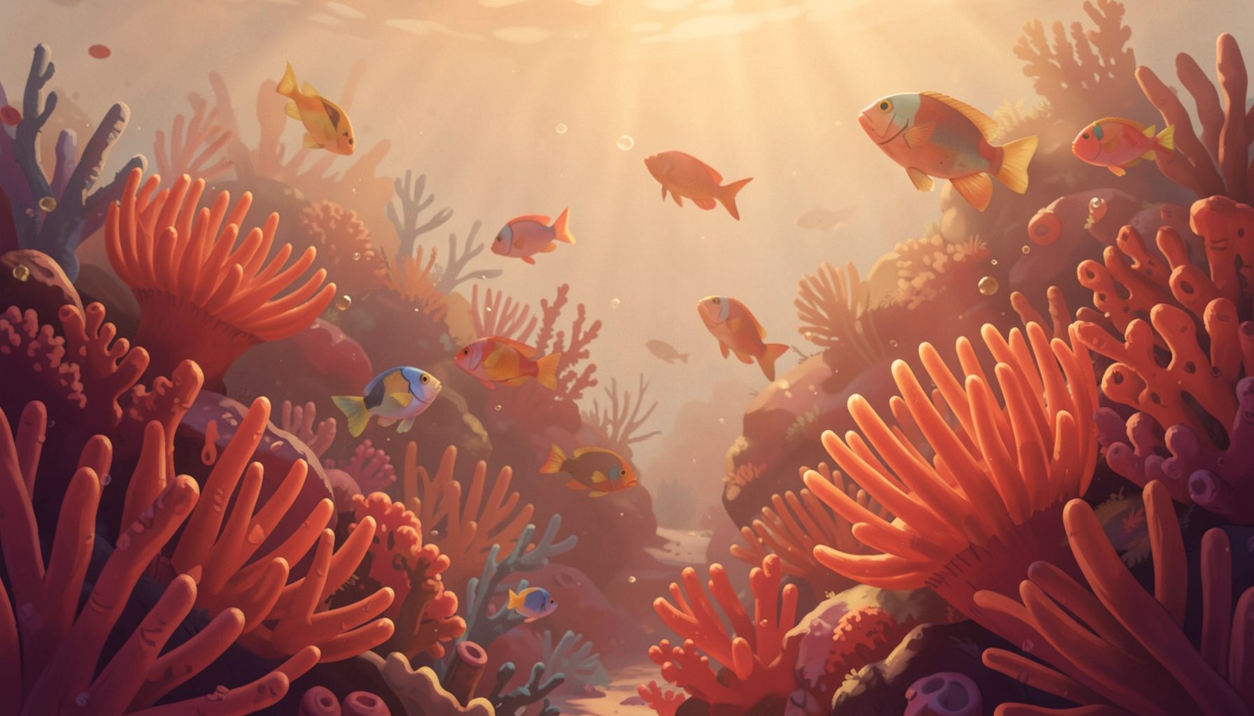 A warm-toned illustration of an underwater coral reef with colorful fish gliding among sea anemones, evoking a calm arcade atmosphere in soft golden light.